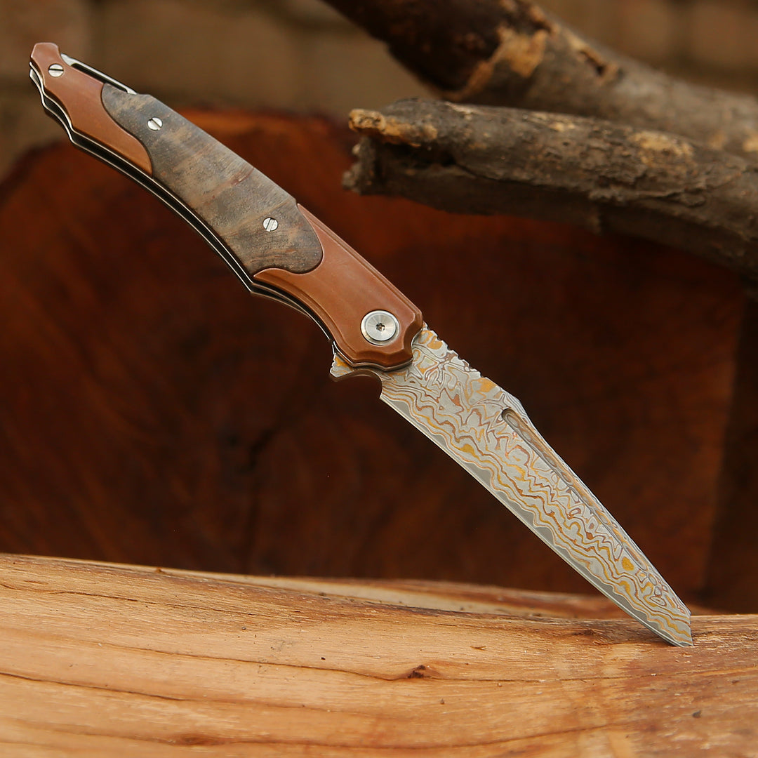 Elite Handmade Japanese VG-10 Copper Damascus Pocket Knife with Stained Maple Burl Handle & Sheath