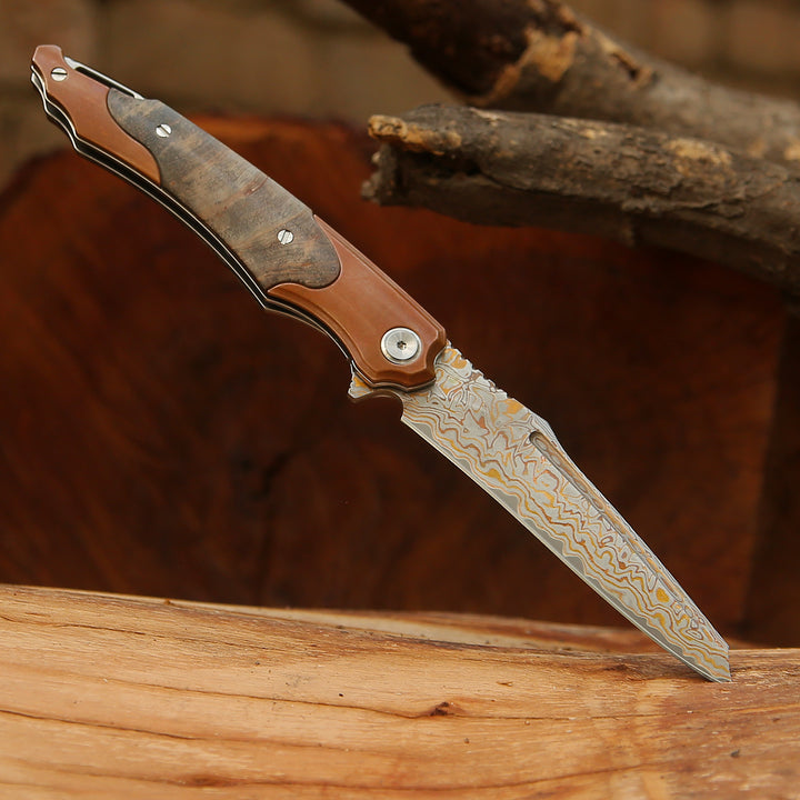 Elite Handmade Japanese VG-10 Copper Damascus Pocket Knife with Stained Maple Burl Handle & Sheath