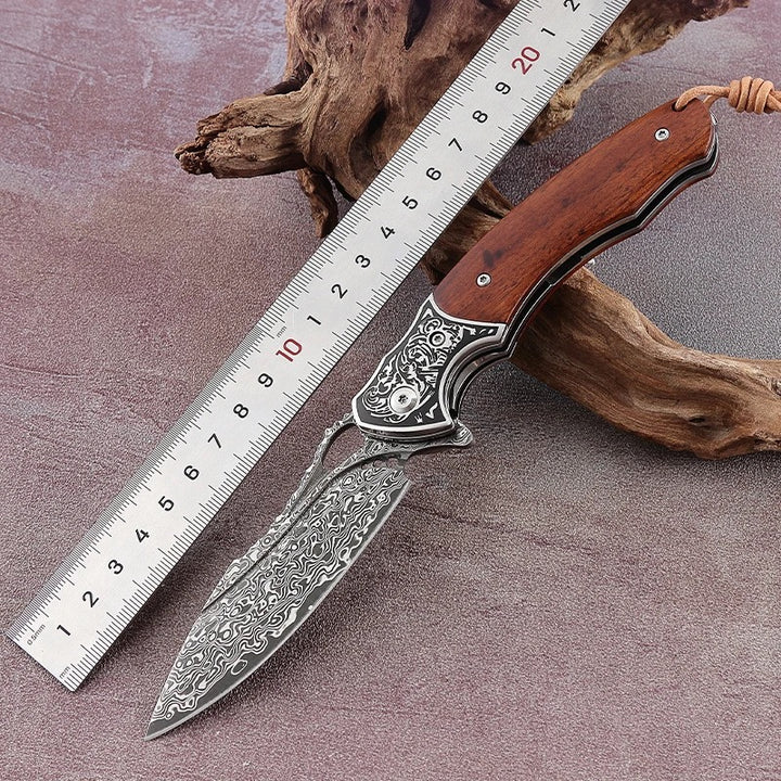 Utility Knife - Meteor Engraved Damascus Steel Pocket Knife with Exotic Red Sandal Wood Handle - Shokunin USA