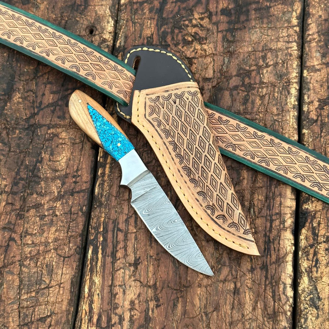 Fixed blade knife. - Damascus Skinner Knife with Handtooled Sheath & Belt - Shokunin USA