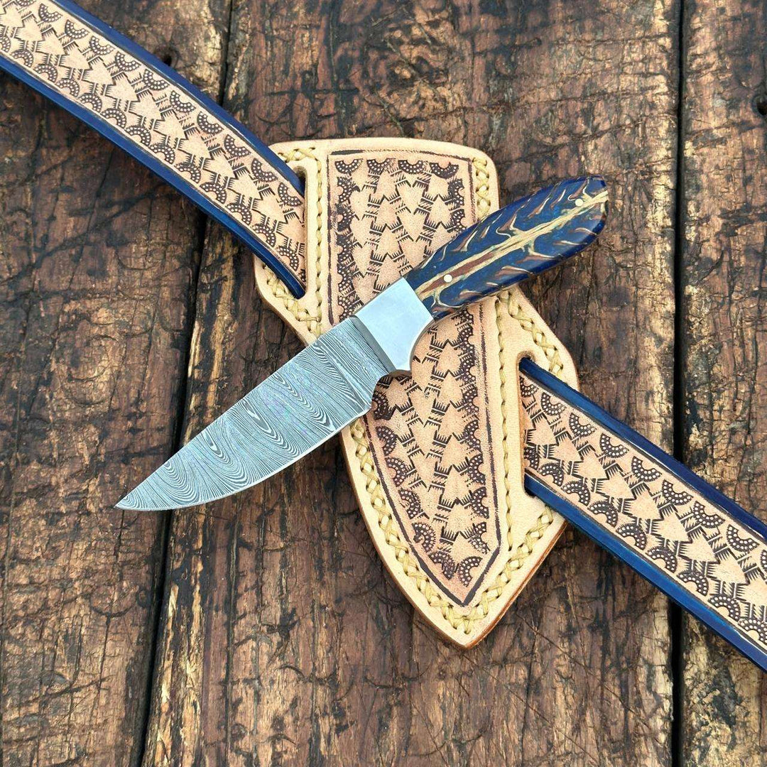 Fixed blade knife. - Rio Grande Damascus Skinner Knife with Handtooled Sheath &amp; Belt - Shokunin USA