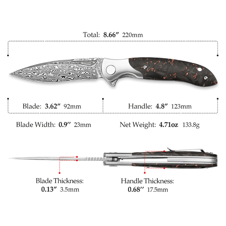 Damascus Knife - Raven VG10 Ultralight Folding Pocket Knife with Titanium & Carbon Fiber Handle - Shokunin USA