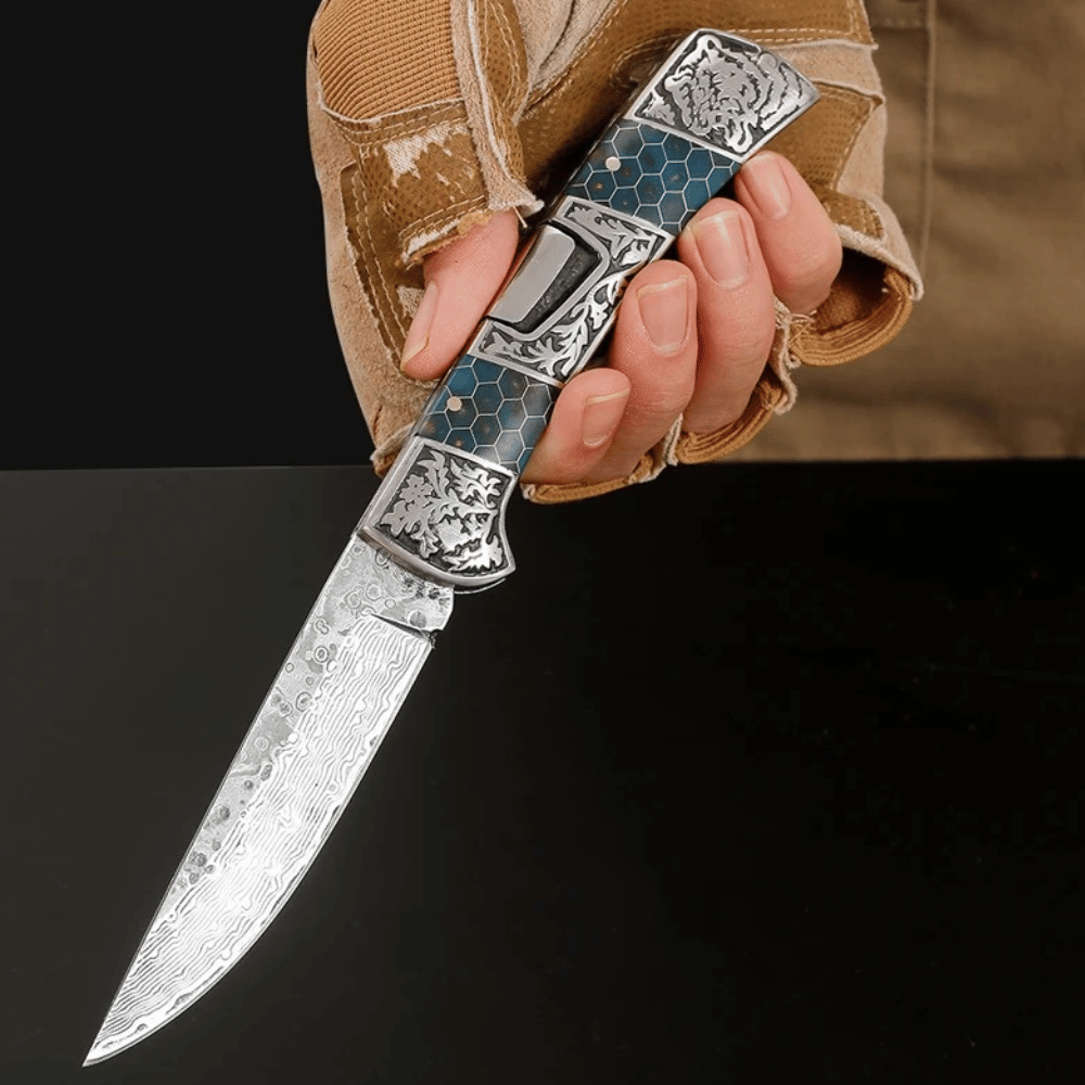 Camping knives - Wraith Damascus Pocket Knife with Honeycomb Resin Handle - Shokunin USA