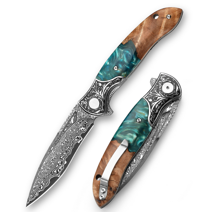 Pocket Knife - Helios Japanese Damascus Pocket Knife VG-10 with Exotic Stabilized Olive Burl Wood Handle - Shokunin USA