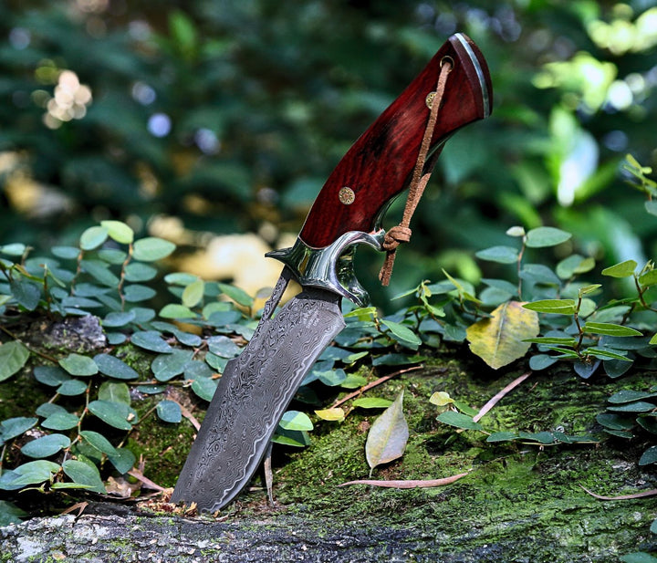 Velar Damascus Knives - Velar Japanese Hunting Knife with VG-10 Damascus Blade and Exotic Red Sandal - Shokunin USA
