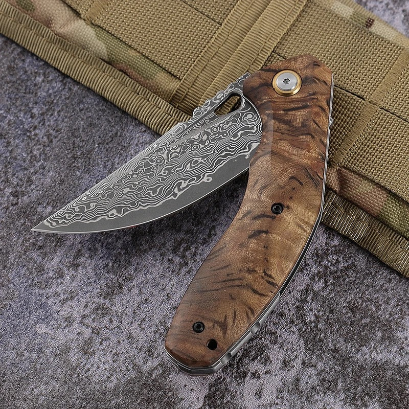 Damascus Knife - Tomahawk Damascus Pocket Knife with Clip and Exotic Olive Wood Burl Handle - Shokunin USA