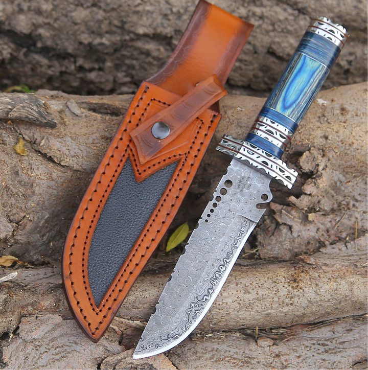 Hunting Knife - Ironclad Damascus Steel Bowie Hunting Knife with Pakkawood Handle & Sheath - Shokunin USA