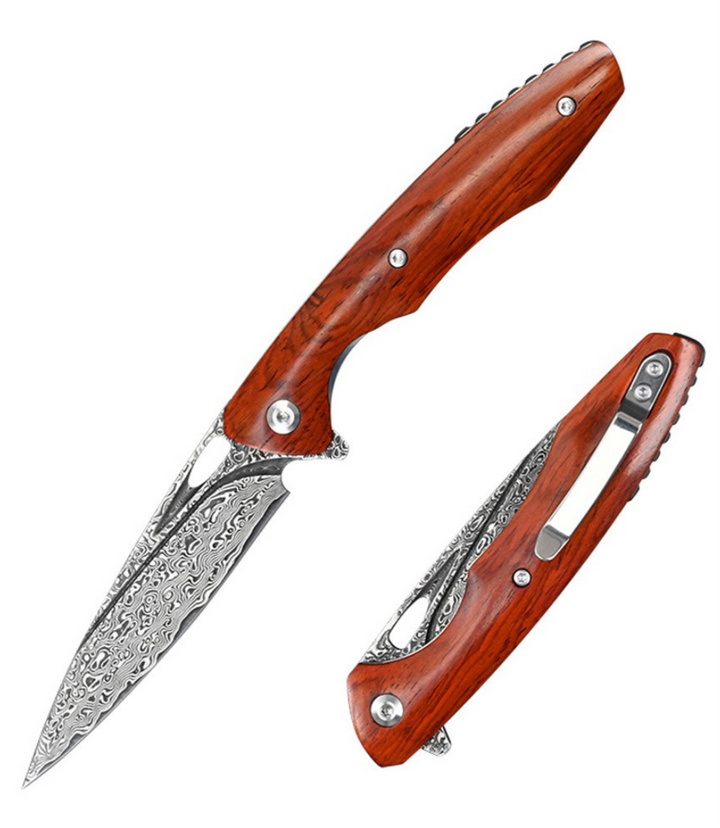 Quicksilver Skinner Knife - Quicksilver Handmade Japanese Damascus Pocket Knife with Exotic Red Sandalwood - Shokunin USA