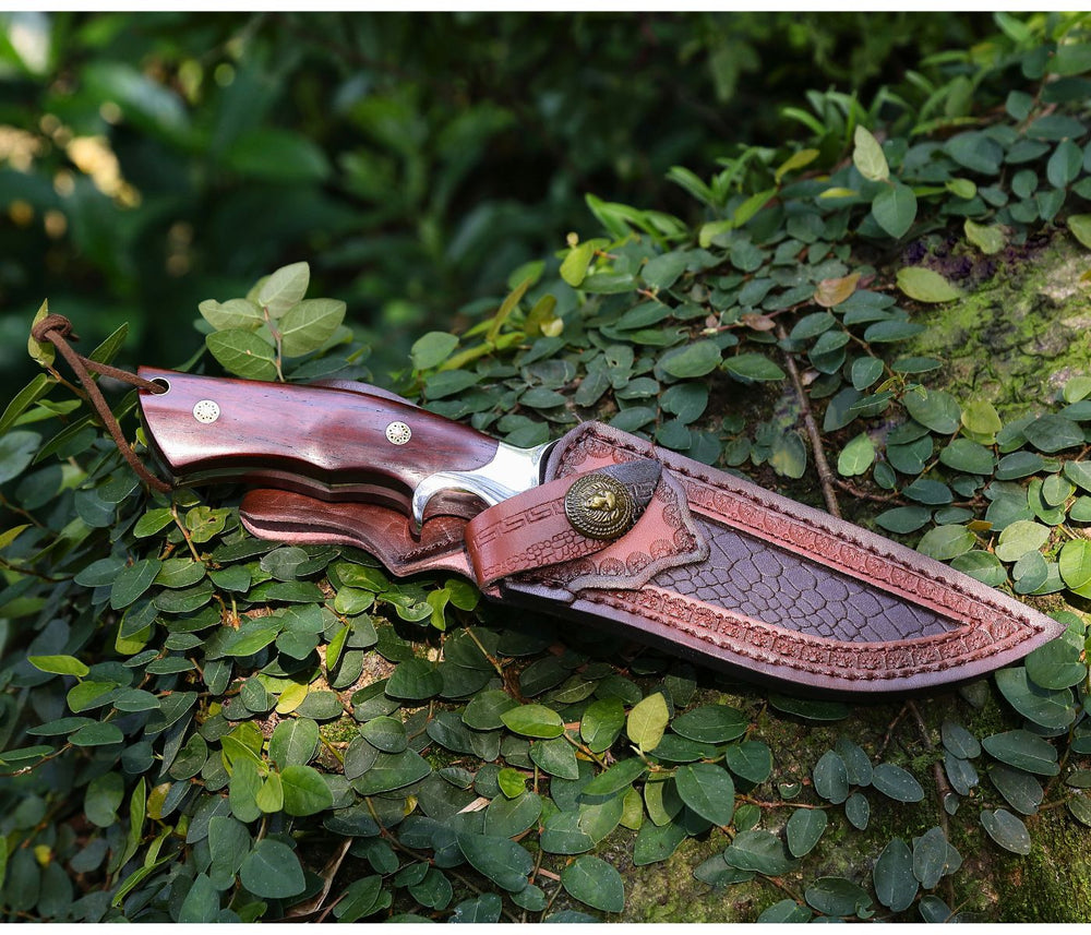 Hunting Knife - Velar Japanese Hunting Knife with VG-10 Damacus Blade and Exotic Red Sandal Wood Handle - Shokunin USA