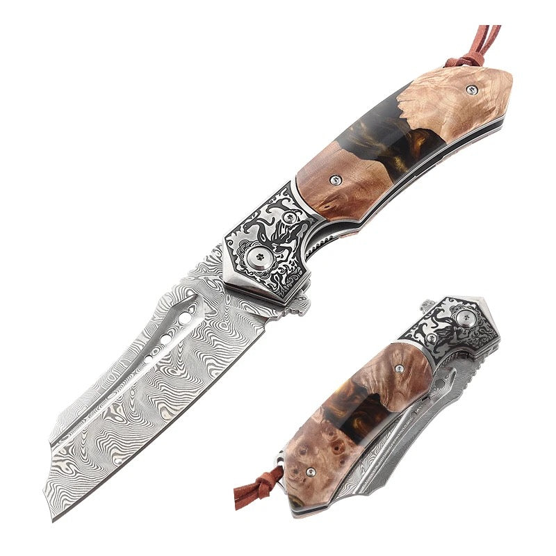 Gentleman's folder with case - Volver Damascus Pocket Knife with Exotic Olive Burl Wood & Resin Handle - Shokunin USA