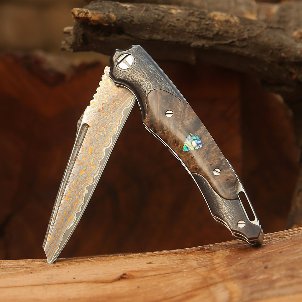 Ironhide Damascus Pocket Knife with stained maple burl handle