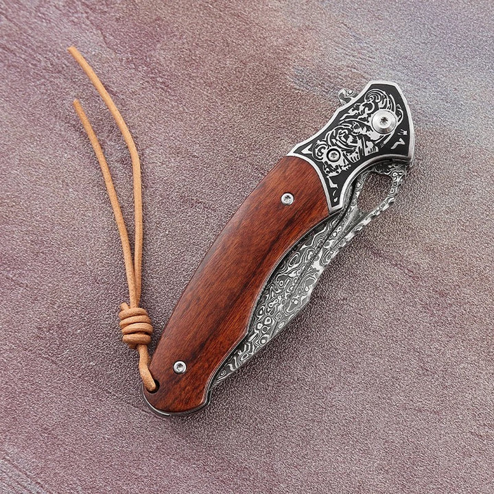 custom skinning knives for enthusiasts - Meteor Engraved Damascus Steel Pocket Knife with Exotic Red Sandal Wood Handle - Shokunin USA