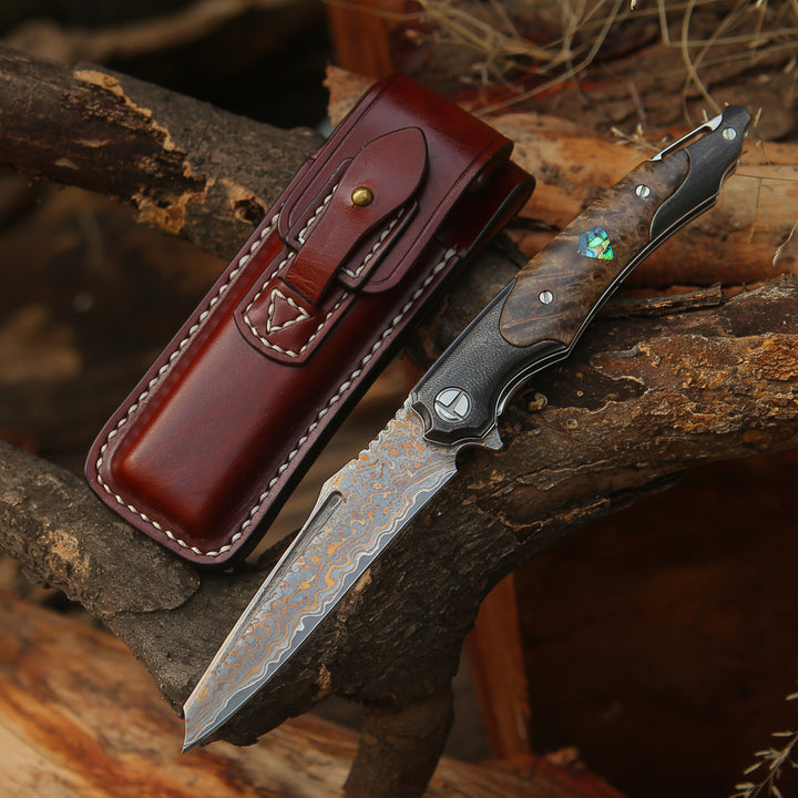 Ironhide Damascus Pocket Knife with stained maple burl handle