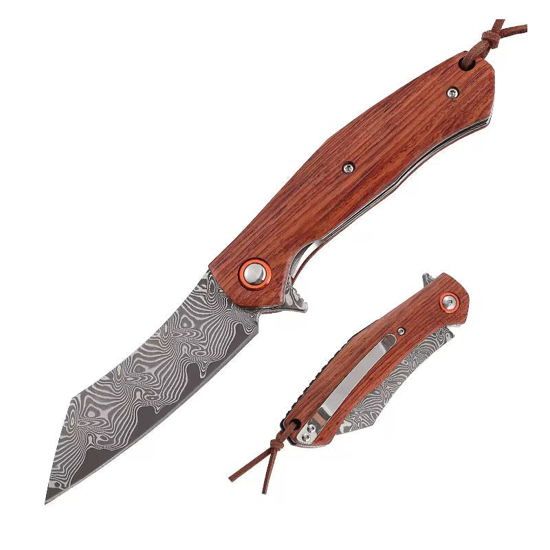 Damascus Knife - Dominator Japanese VG10 Damascus Pocket Knife with Sandalwood Handle &amp; Sheath - Shokunin USA