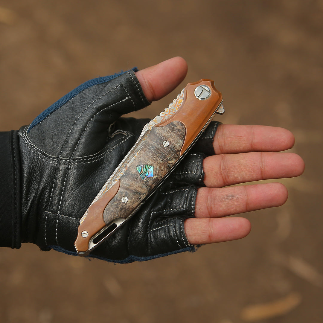 Elite Handmade Japanese VG-10 Copper Damascus Pocket Knife with Stained Maple Burl Handle & Sheath