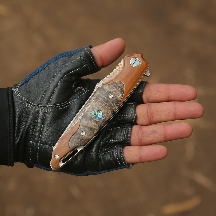 Elite Handmade Japanese VG-10 Copper Damascus Pocket Knife with Stained Maple Burl Handle & Sheath