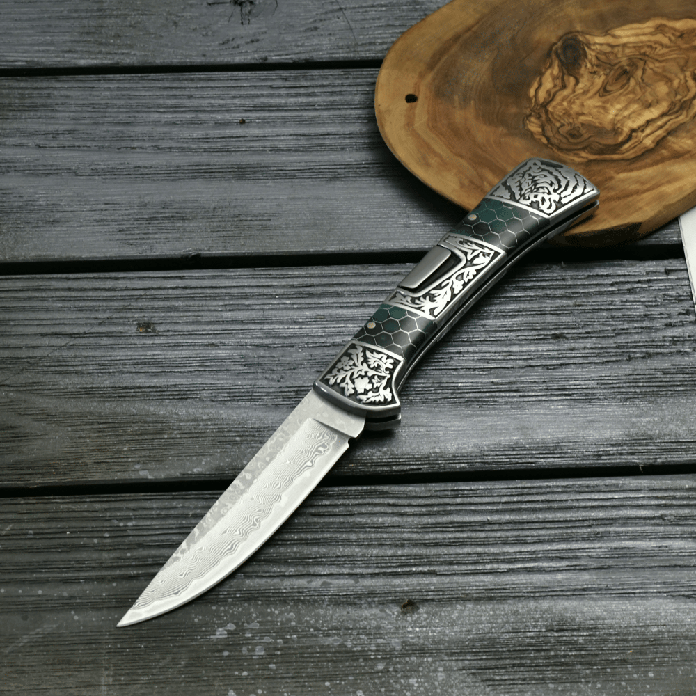 Camping knives - Wraith Damascus Pocket Knife with Honeycomb Resin Handle - Shokunin USA