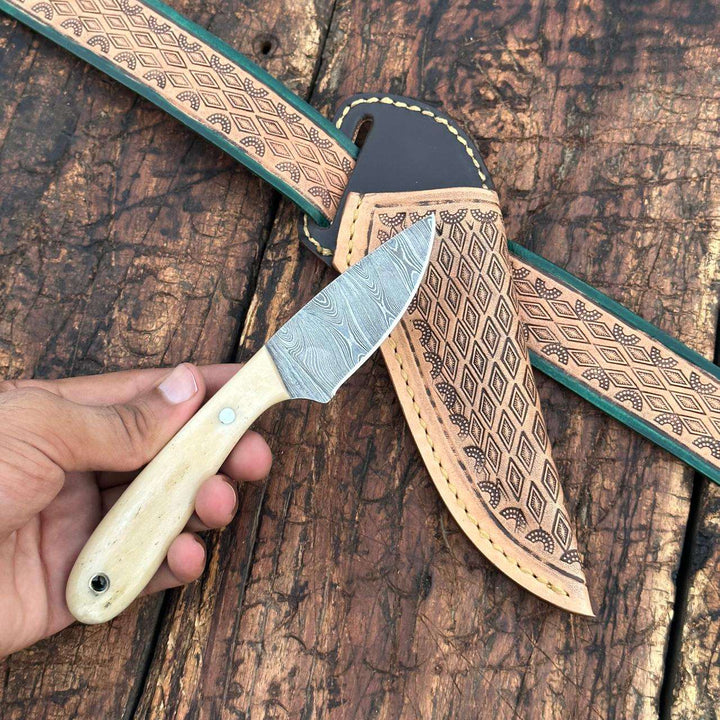 Tooled Knife - Dakota Damascus Skinner Knife with Hand tooled Sheath &amp; Belt - Shokunin USA