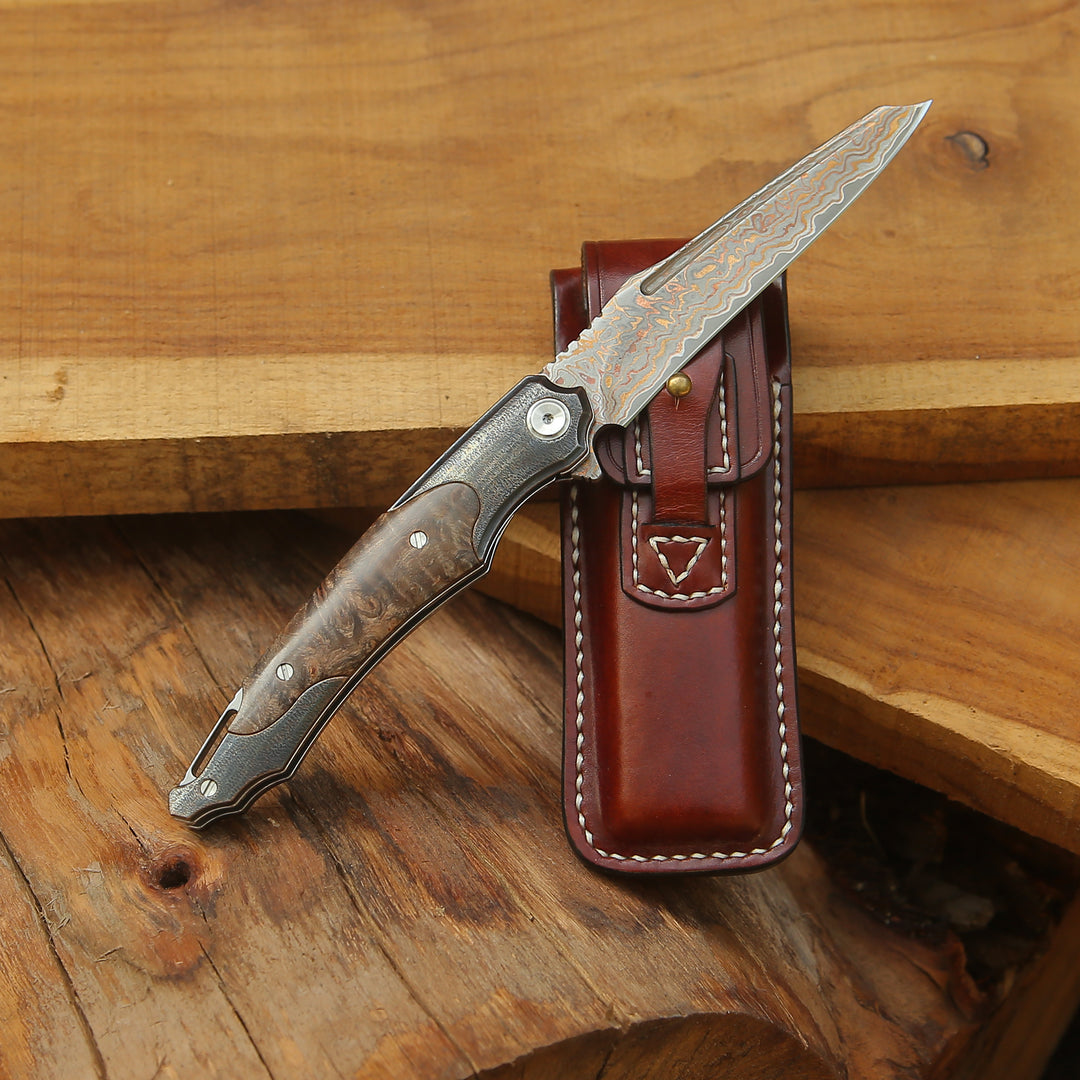 Ironhide Damascus Pocket Knife with stained maple burl handle