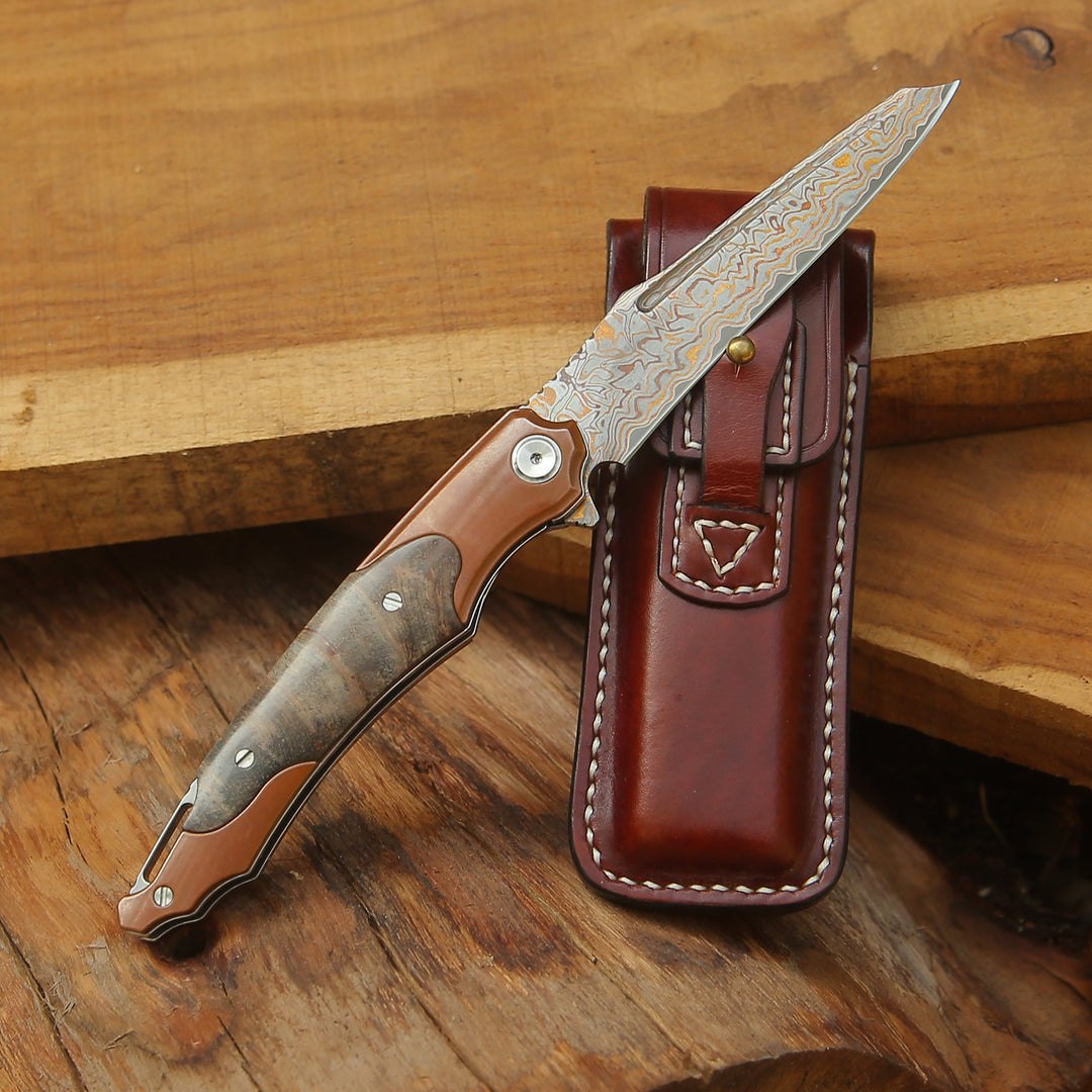 Elite Handmade Japanese VG-10 Copper Damascus Pocket Knife with Stained Maple Burl Handle & Sheath