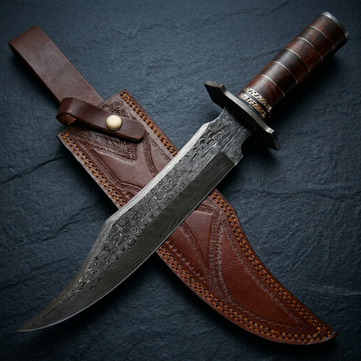 Blackiron Damascus Steel Bowie Knife with Rose Wood Handle &amp; Sheath