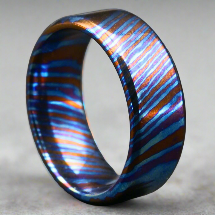 Timascus ring - Titan Handcrafted Timascus / Titanium Damascus Ring – Unique Metal Pattern & Bold Design - Shokunin USA