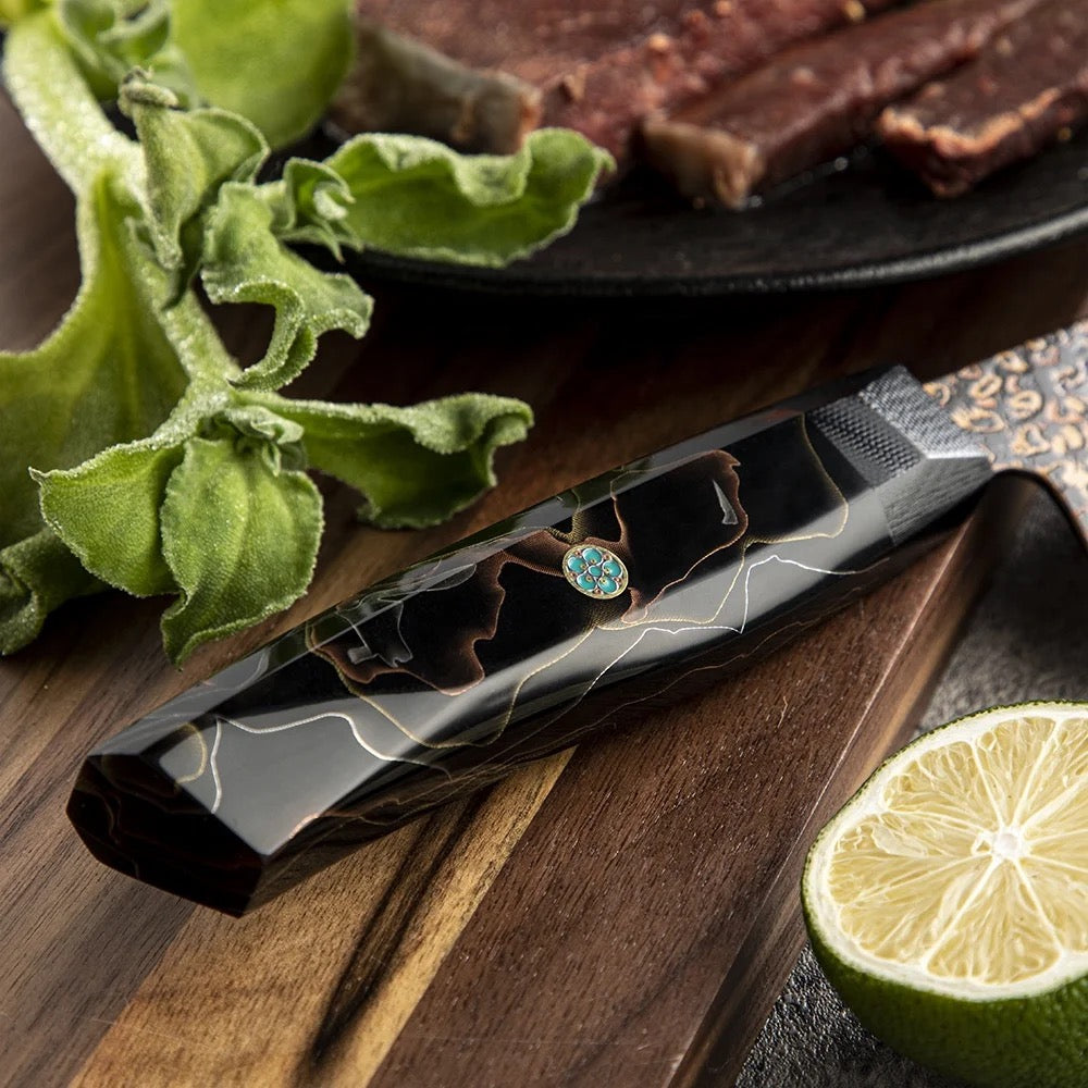 handcrafted chef knife - Majestic Japanese Copper Damascus Chef Knife with Rare Raffir Noble Handle Handle - Shokunin USA