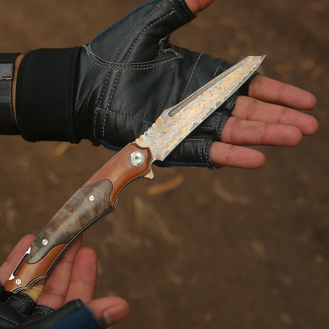 Elite Handmade Japanese VG-10 Copper Damascus Pocket Knife with Stained Maple Burl Handle & Sheath