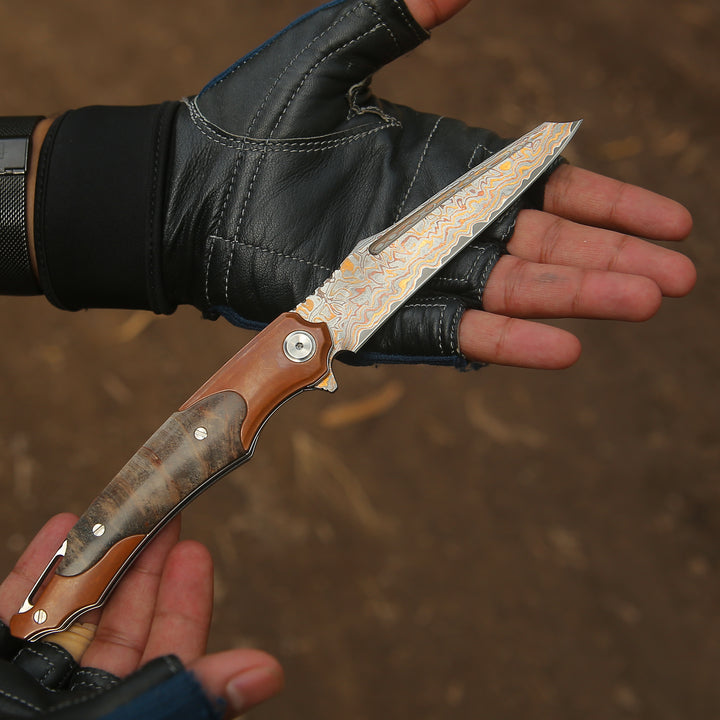 Elite Handmade Japanese VG-10 Copper Damascus Pocket Knife with Stained Maple Burl Handle & Sheath