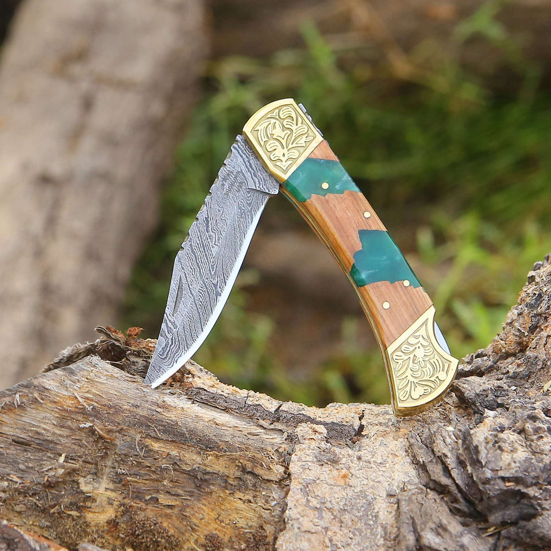 EDC Knife - Flashblade Handmade Damascus Best EDC Pocket Knife with Leather Sheath &amp; Olive Wood Handle - Shokunin USA