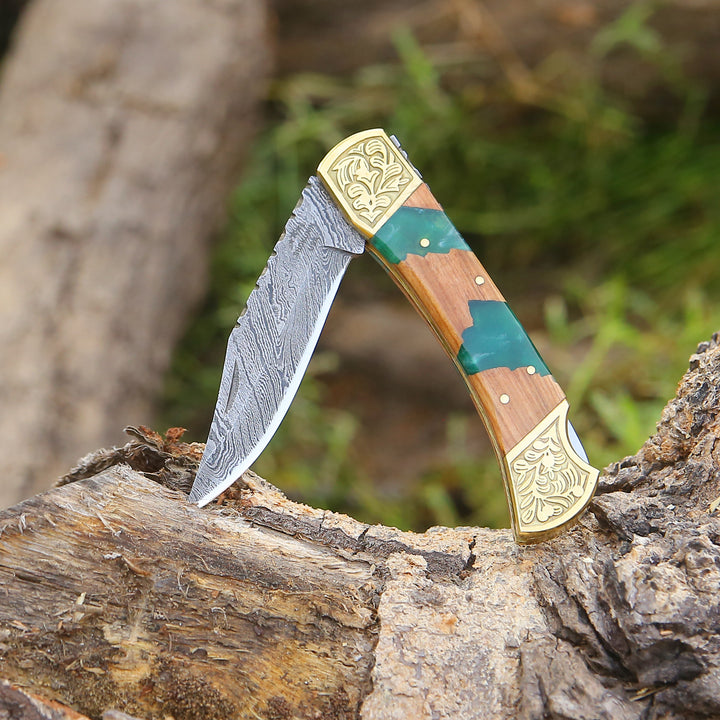 EDC Knife - Flashblade Handmade Damascus Best EDC Pocket Knife with Leather Sheath & Olive Wood Handle - Shokunin USA