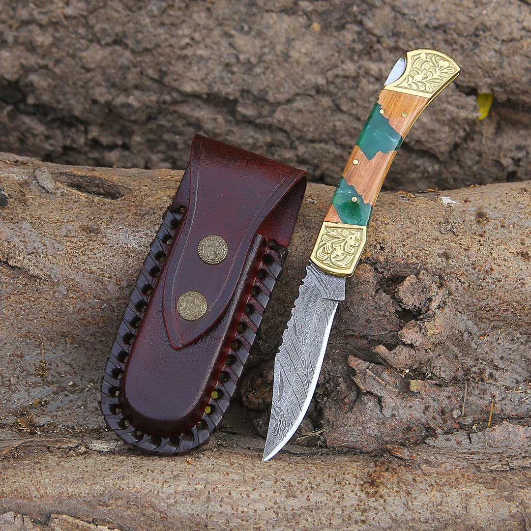 EDC Knife - Flashblade Handmade Damascus Best EDC Pocket Knife with Leather Sheath & Olive Wood Handle - Shokunin USA