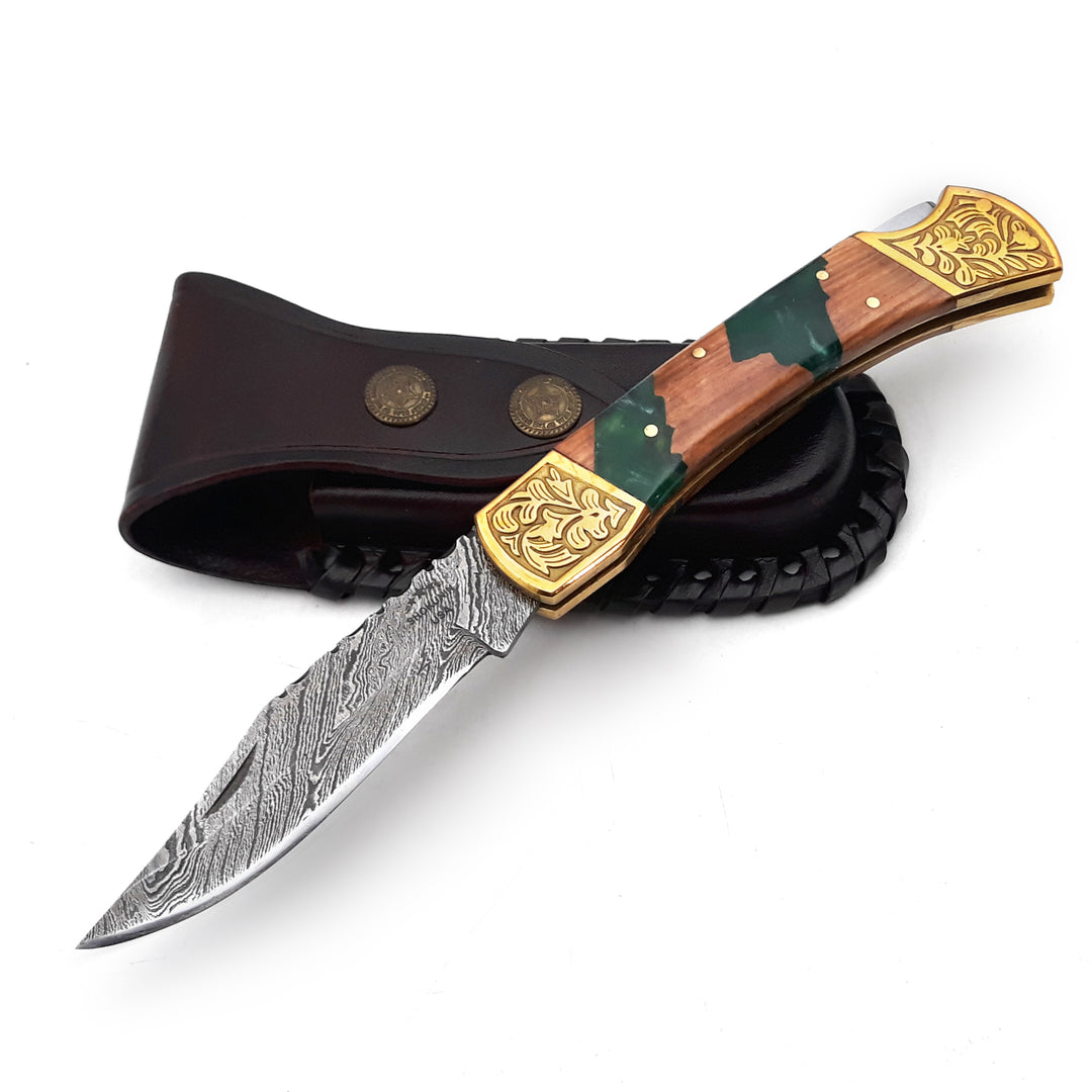 EDC Knife - Flashblade Handmade Damascus Best EDC Pocket Knife with Leather Sheath & Olive Wood Handle - Shokunin USA