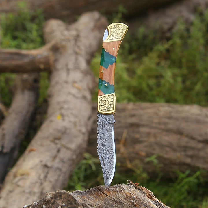 EDC Knife - Flashblade Handmade Damascus Best EDC Pocket Knife with Leather Sheath & Olive Wood Handle - Shokunin USA