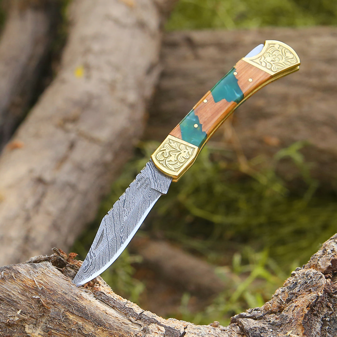 EDC Knife - Flashblade Handmade Damascus Best EDC Pocket Knife with Leather Sheath & Olive Wood Handle - Shokunin USA