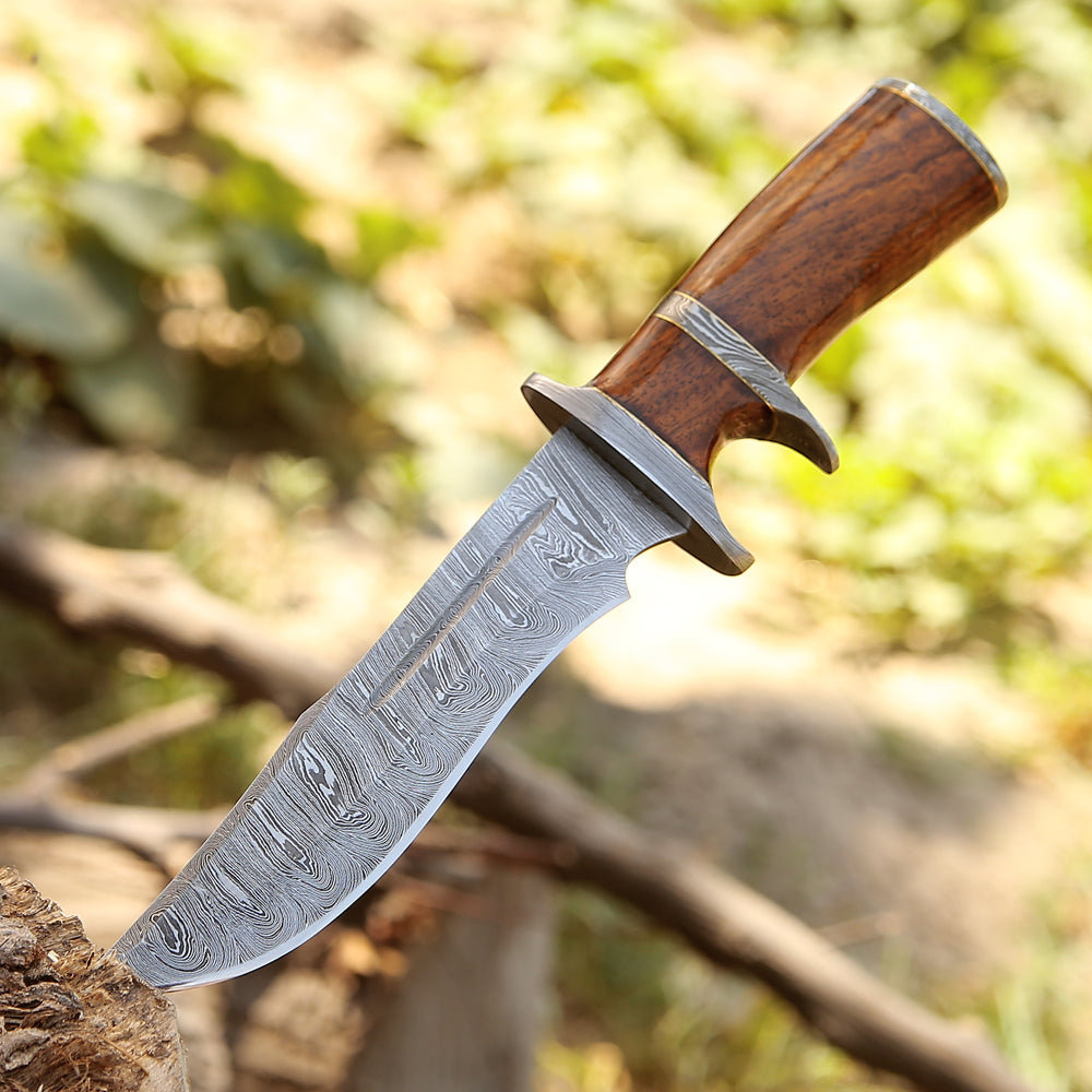 Utility Knife - Raider Damascus Steel Bowie Knife with Exotic Rose Wood Handle & Sheath - Shokunin USA