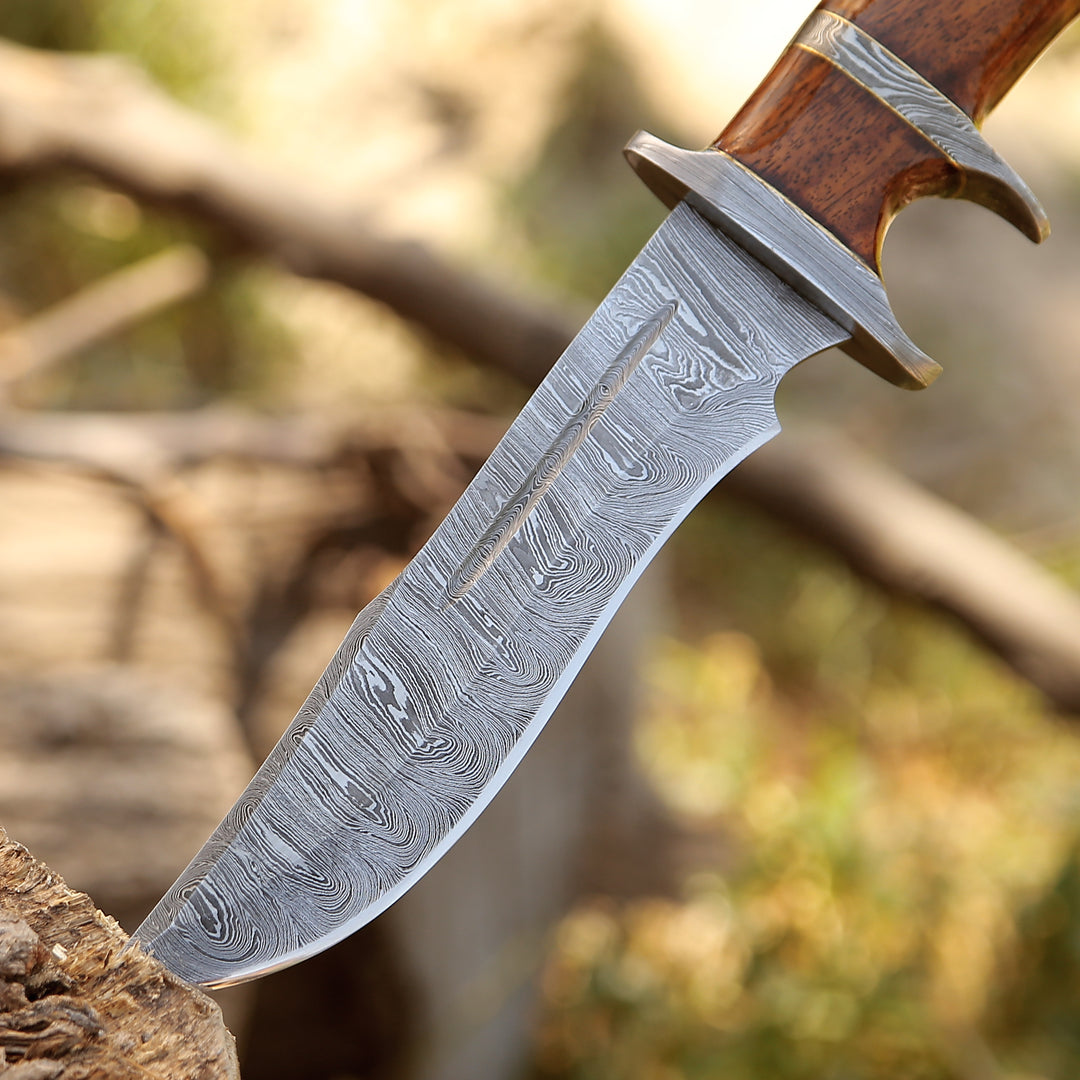 Utility Knife - Raider Damascus Steel Bowie Knife with Exotic Rose Wood Handle & Sheath - Shokunin USA