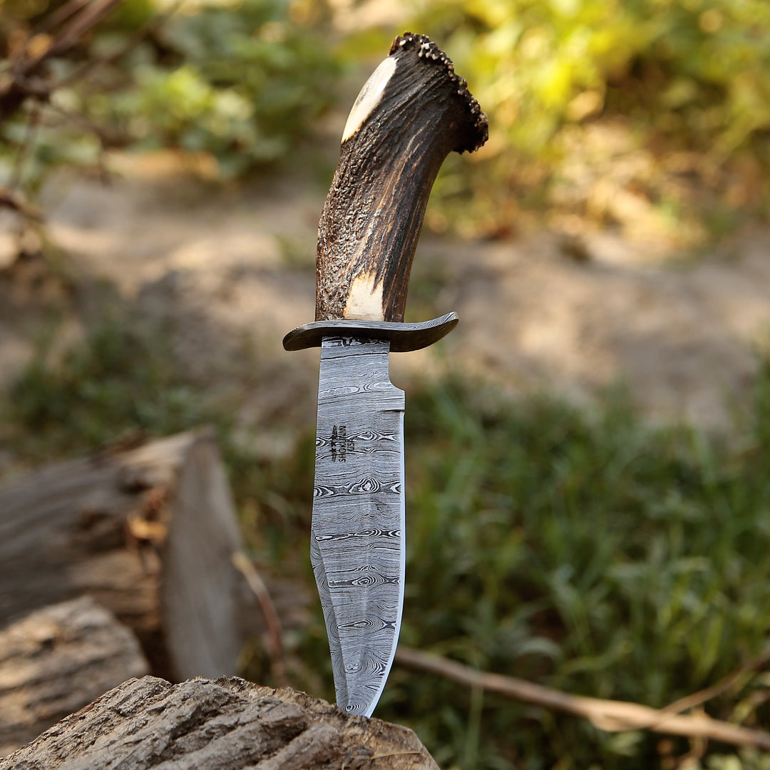 Wildfire Hunting Knife - Wildfire Damascus Bowie Knife with Stag Horn Handle - Shokunin USA