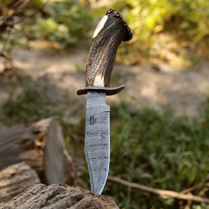 Wildfire Hunting Knife - Wildfire Damascus Bowie Knife with Stag Horn Handle - Shokunin USA