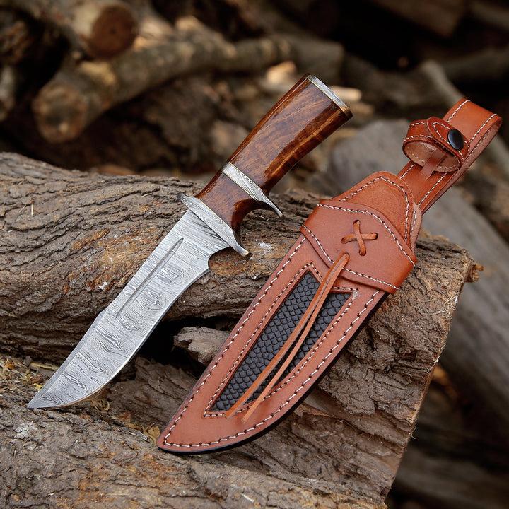 Utility Knife - Raider Damascus Steel Bowie Knife with Exotic Rose Wood Handle & Sheath - Shokunin USA