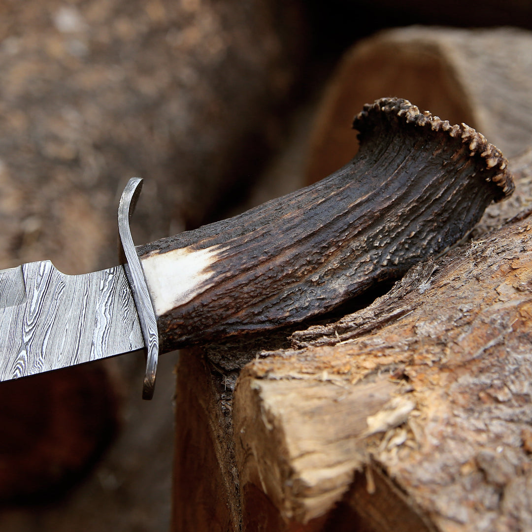 Wildfire Hunting Knives - Wildfire Damascus Bowie Knife with Stag Horn Handle - Shokunin USA