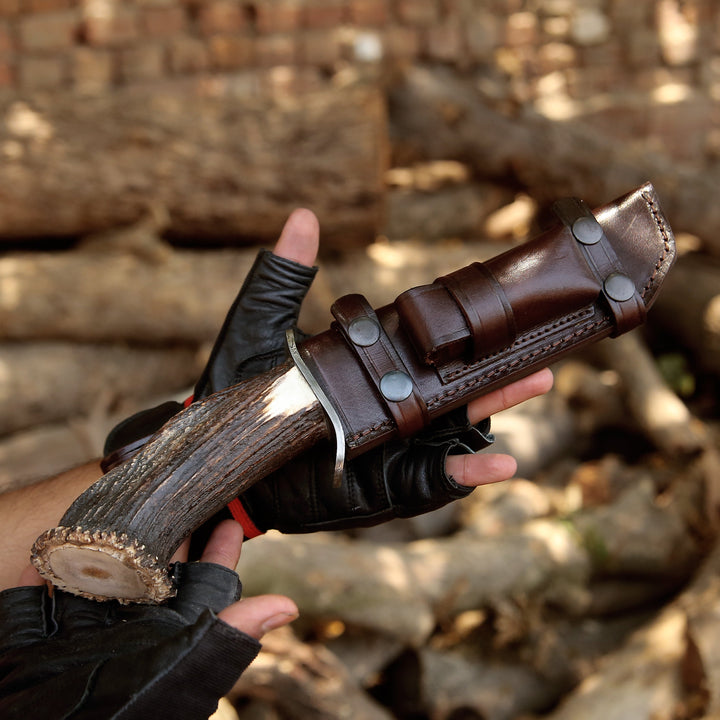 Wildfire Damascus Knife - Wildfire Damascus Bowie Knife with Stag Horn Handle - Shokunin USA