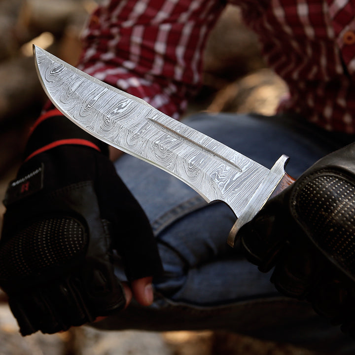 Utility Knife - Raider Damascus Steel Bowie Knife with Exotic Rose Wood Handle & Sheath - Shokunin USA