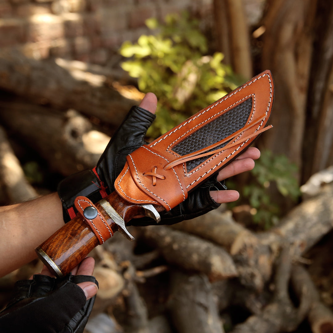 Utility Knife - Raider Damascus Steel Bowie Knife with Exotic Rose Wood Handle & Sheath - Shokunin USA