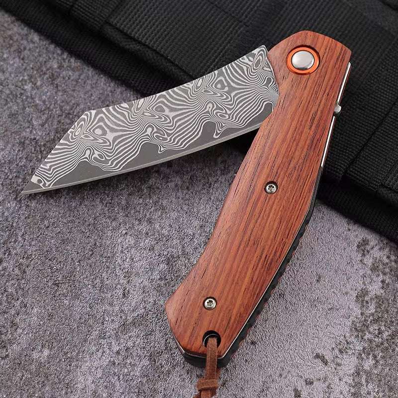 Damascus Knife - Dominator Japanese VG10 Damascus Pocket Knife with Sandalwood Handle &amp; Sheath - Shokunin USA