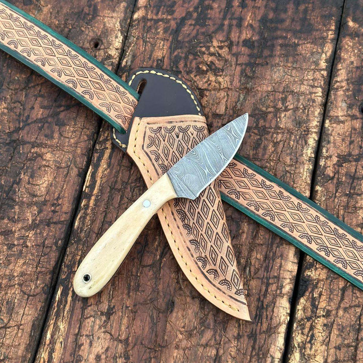 Tooled Knives - Dakota Damascus Skinner Knife with Hand tooled Sheath &amp; Belt - Shokunin USA