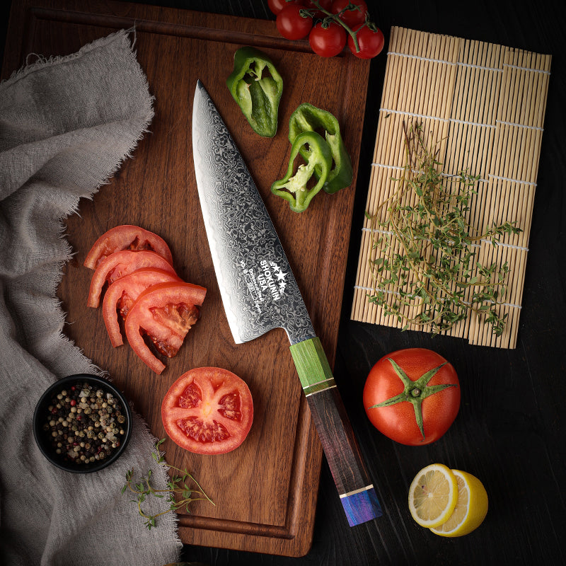 Solstice Damascus Knife - Solstice Japanese Damascus Chef Knife with Exotic Maple Burl Wood Handle - Shokunin USA