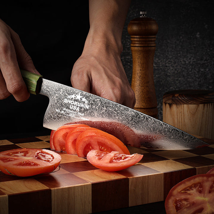 Solstice Knife - Solstice Japanese Damascus Chef Knife with Exotic Maple Burl Wood Handle - Shokunin USA