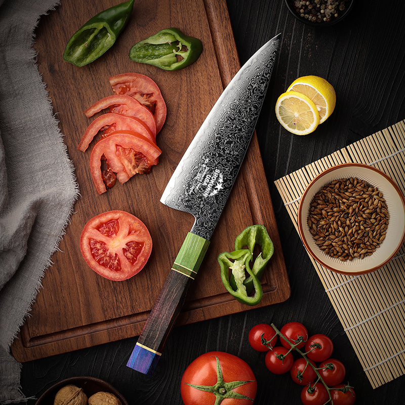 Solstice Damascus Knives - Solstice Japanese Damascus Chef Knife with Exotic Maple Burl Wood Handle - Shokunin USA
