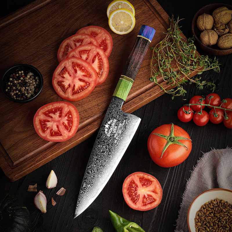 Solstice Chef Knives - Solstice Japanese Damascus Chef Knife with Exotic Maple Burl Wood Handle - Shokunin USA